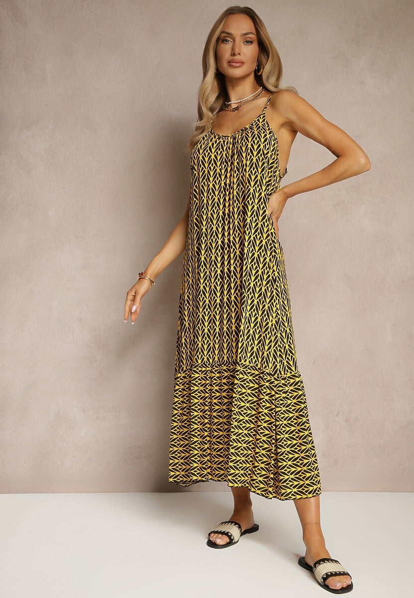 Żółta Sukienka z Bawełny Ozdobiona Geometrycznym Motywem Nilavionea