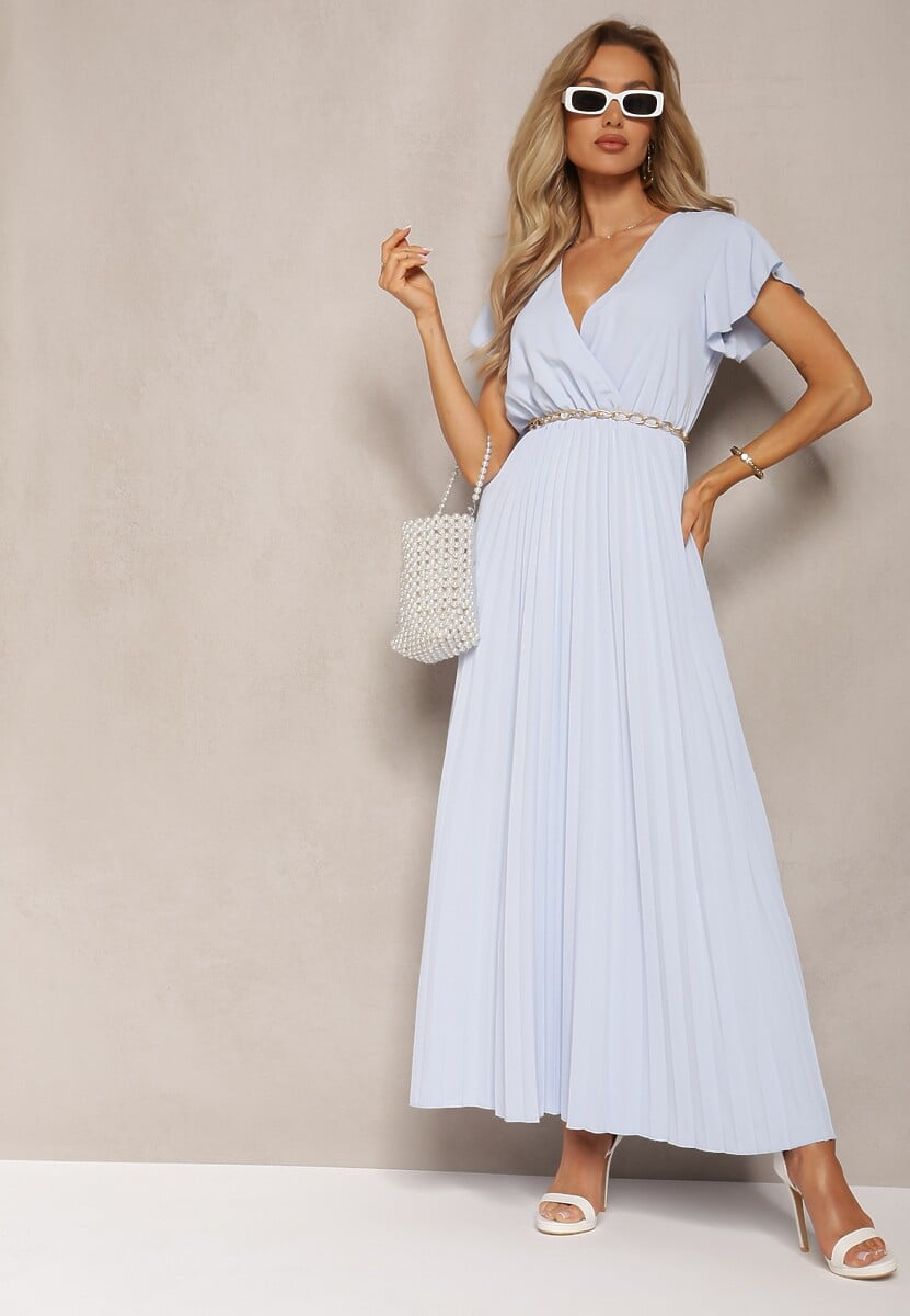Jasnoniebieska Plisowana Sukienka Maxi o Rozkloszowanym Kroju z Kopertowym Dekoltem Ofilva