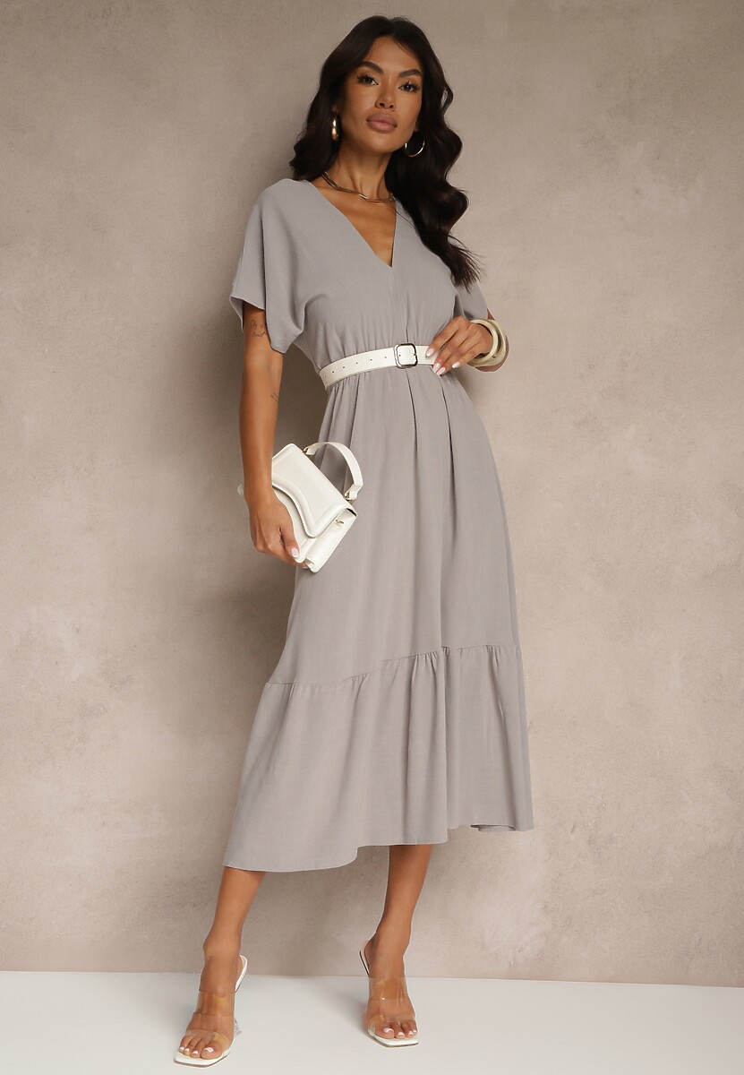 Szara Sukienka z Wiskozą i Lnem z Wiązaniem z Tyłu Kolissea