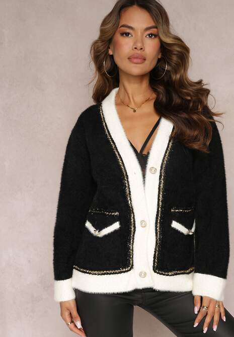Czarny Kardigan z Wiskozy Ozdobiony Metaliczną Nicią i Guzikami Luamarina
