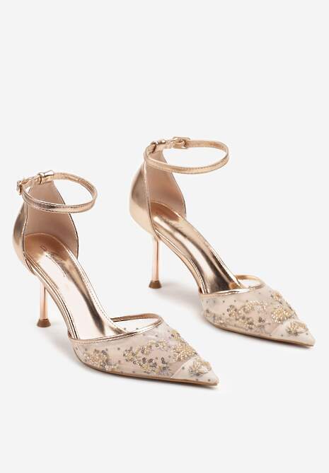 Szampańskie Sandały z Transparentną Siateczką i Cekinami na Szpilce z Zapięciem wokół Kostki Olithwena