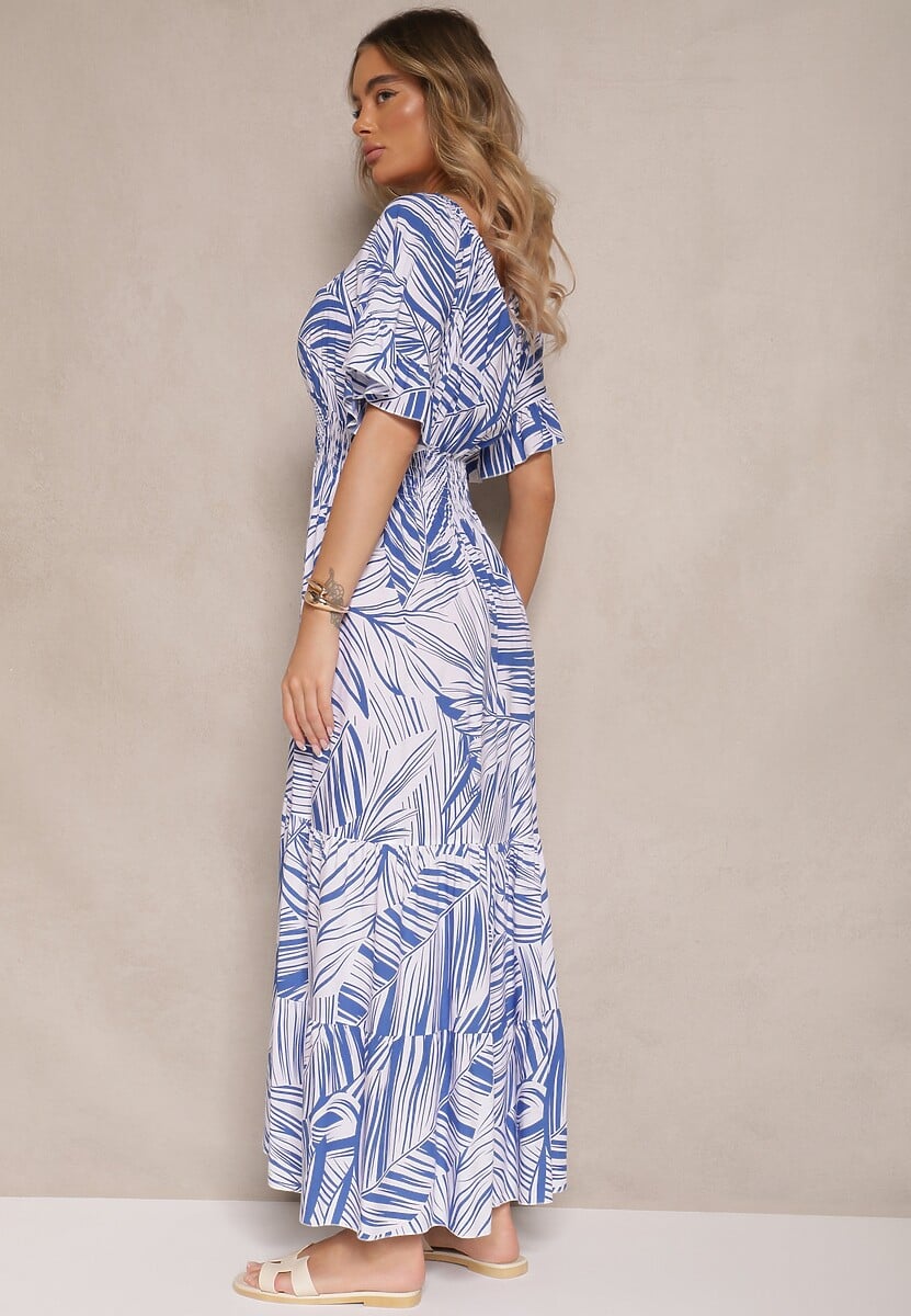 Niebieska Sukienka z Bawełny o Rozkloszowanym Kroju z Motywem Liści Aluielle