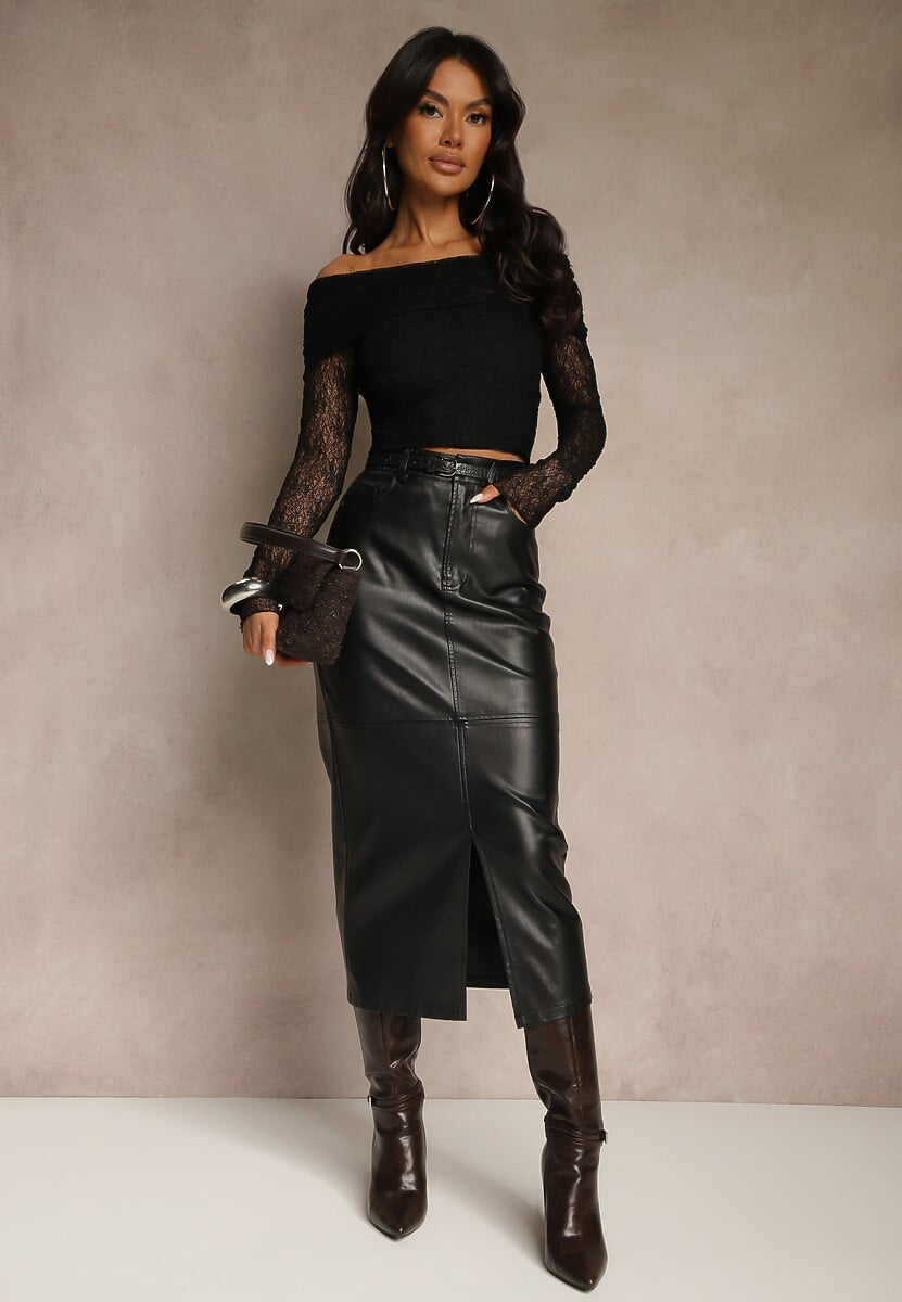 Czarna Bluzka Longsleeve z Koronki z Odkrytymi Ramionami Unarda