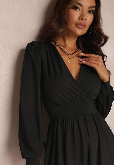 Czarna Sukienka Kopertowa Taliowana Hosidius