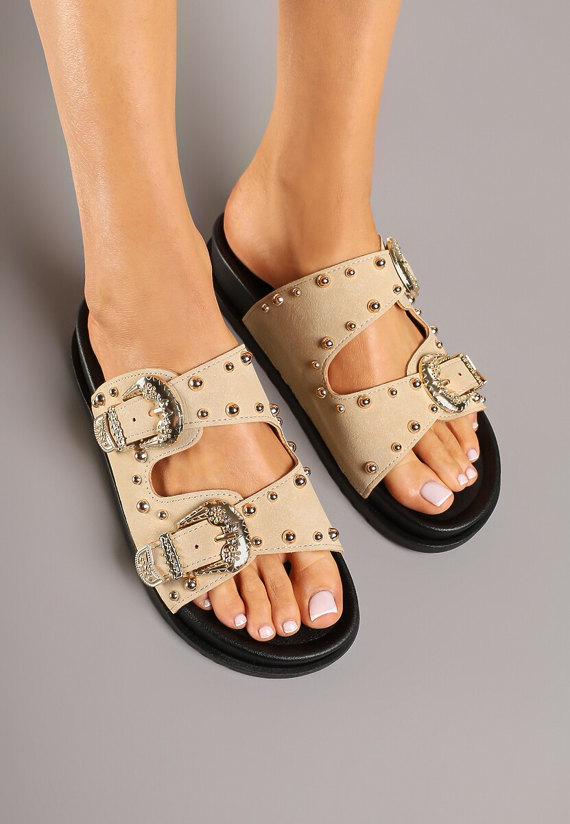 Beżowe Klapki z Ozdobnymi Sprzączkami i Nitami Ulkio