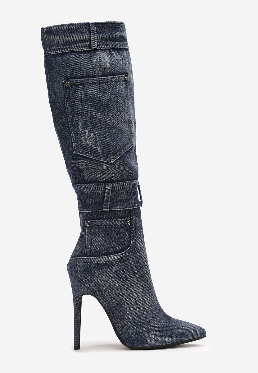 Niebieskie Jeansowe Kozaki przed Kolano na Szpilce Tusmma