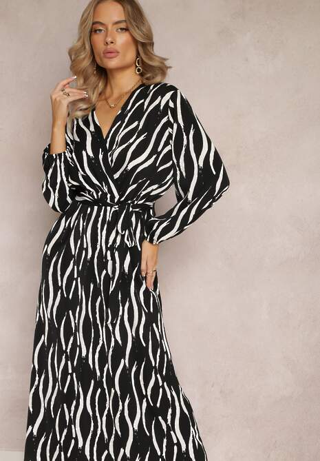 Czarno-Biała Maxi Sukienka z Gumką i Paskiem w Talii oraz Kopertowym Dekoltem Doiren