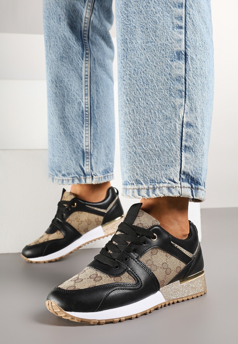 Czarno-Brązowe Sneakersy Ozdobione Metaliczną Aplikacją i Przeszyciami Soltia