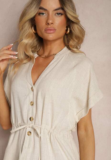 Beżowa Sukienka z Bawełny z Górą o Koszulowym Kroju Ściągana w Pasie Viklia