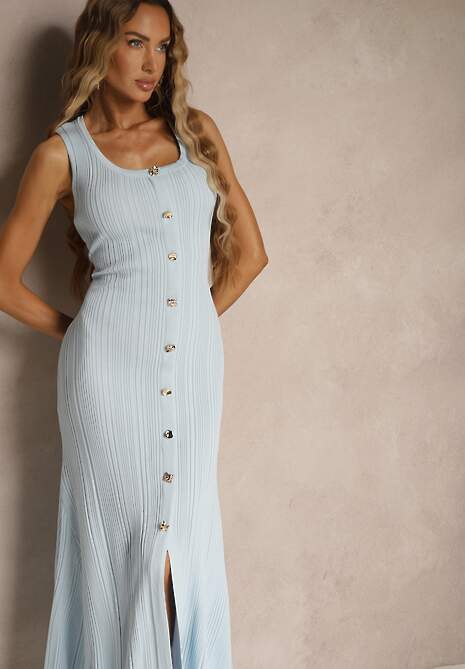 Niebieska Sweterkowa Sukienka z Wiskozy Ozdobiona Guzikami Lunioris