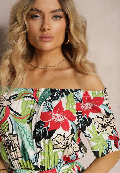 Zielono-Różowa  Wiskozowa Sukienka o Rozkloszowanym Kroju z Paskiem w Talii w Kwiatowy Print Rosubia