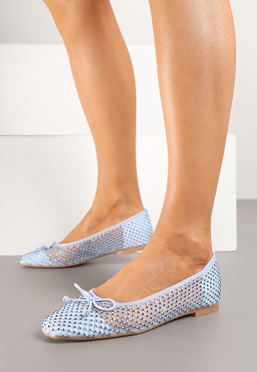 Niebieskie Siateczkowe Balerinki z Delikatnymi Cyrkoniami i Kokardką Senirithra