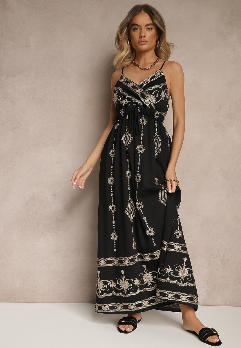 Czarna Wiskozowa Sukienka o Rozkloszowanym Kroju na Ramiączkach z Haftem Uloranelia