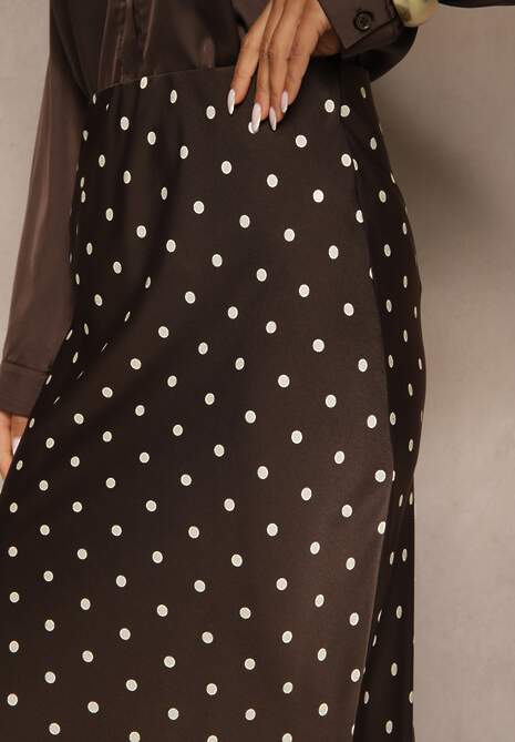 Brązowa Spódnica High Waist w Kropki o Trapezowym Kroju Ravea