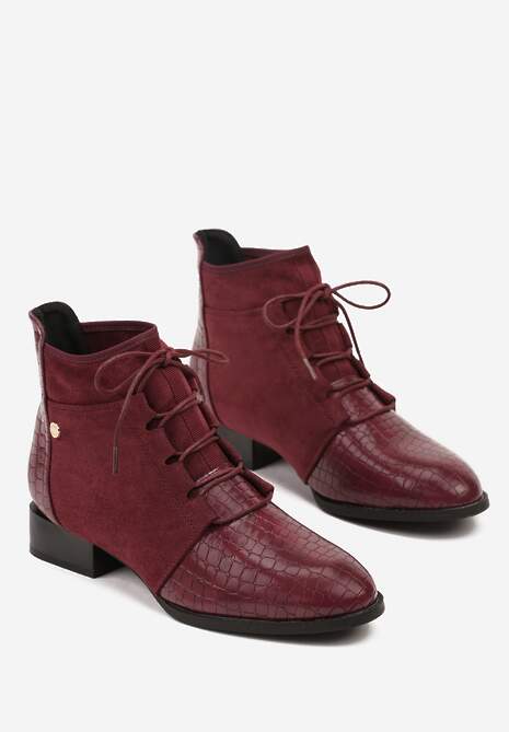 Bordowe Sznurowane Botki do Kostki Vices Zdobione Tłoczeniem Skóry Węża Wedvire