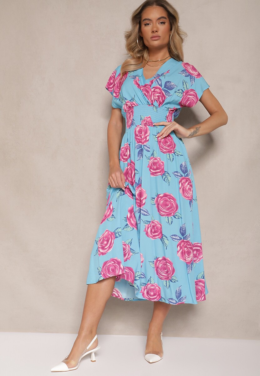 Niebieska Kwiatowa Sukienka z Bawełną i Kopertowym Dekoltem Tdivaria