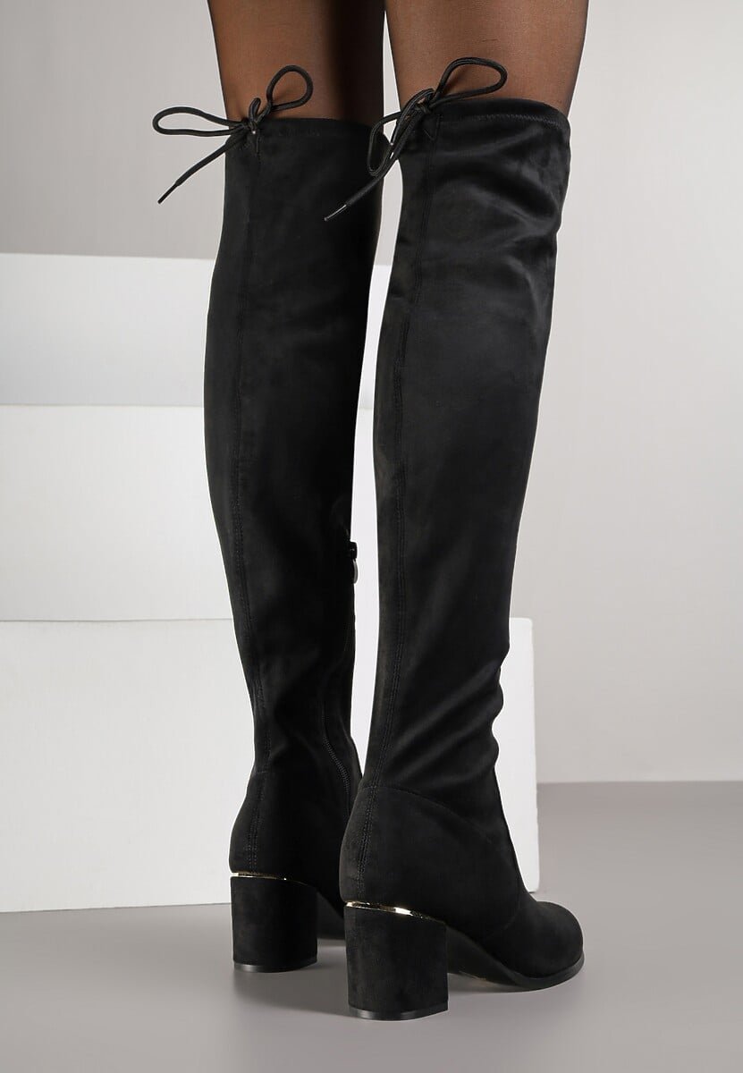 Czarne Kozaki Muszkieterki na Słupku z Wiązaniem z Tyłu Idivelle