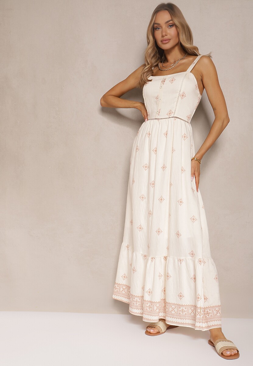 Zielona Sukienka z Wiskozą o Rozkloszowanym Kroju na Ramiączkach w Boho Print Leaella