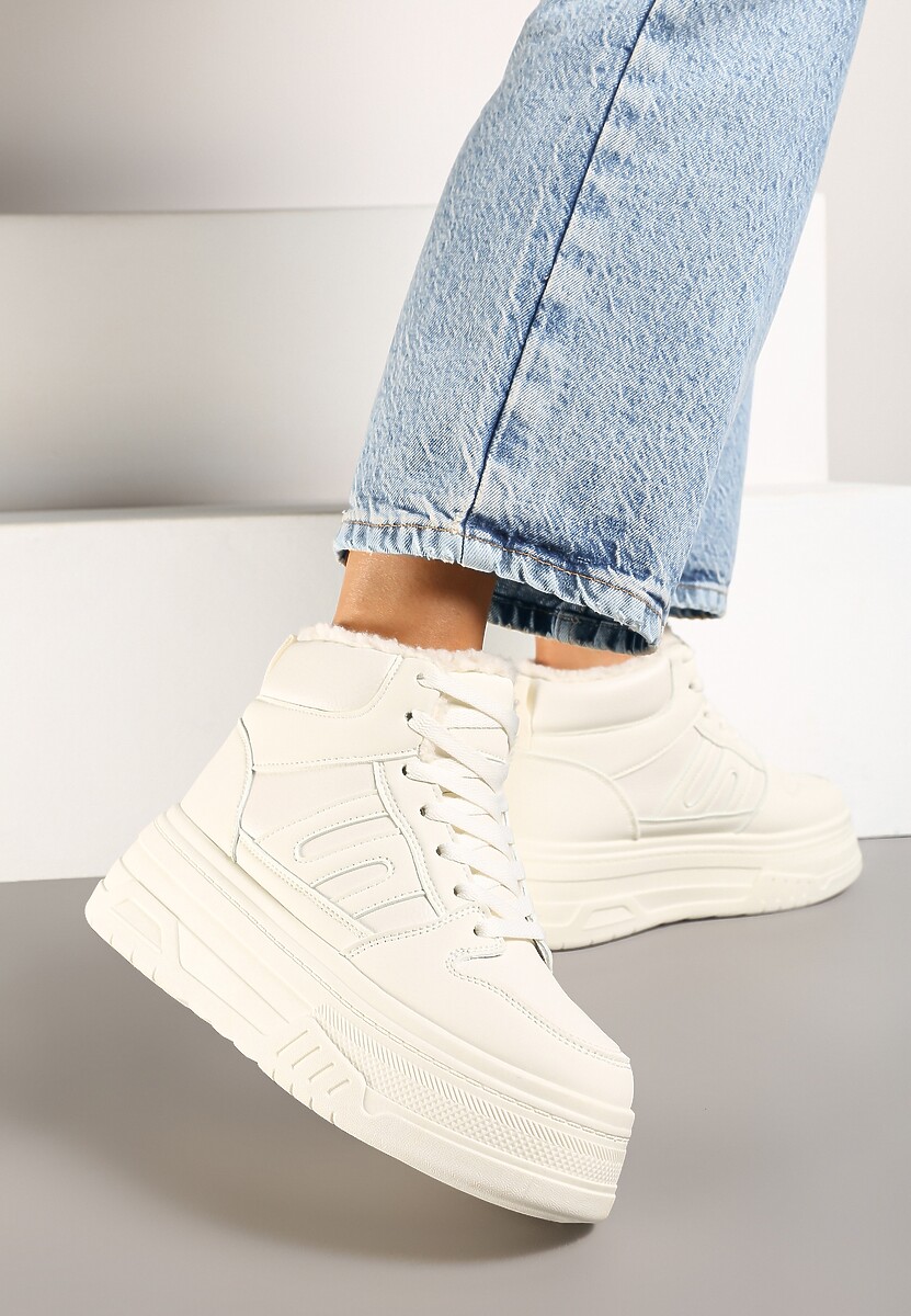 Beżowe Sneakersy na Platformie Mocno Ocieplane Futerkiem Lealwen