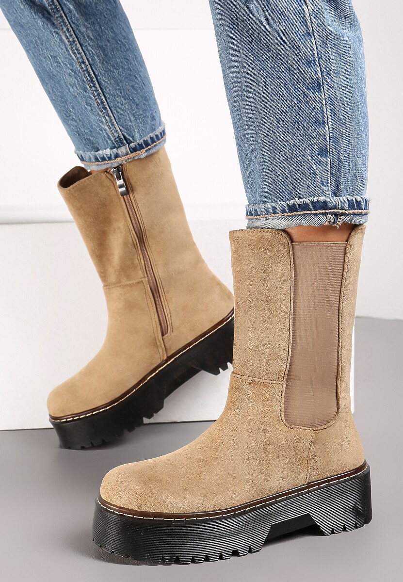 Ciemnobeżowe Botki na Platformie Alnuce