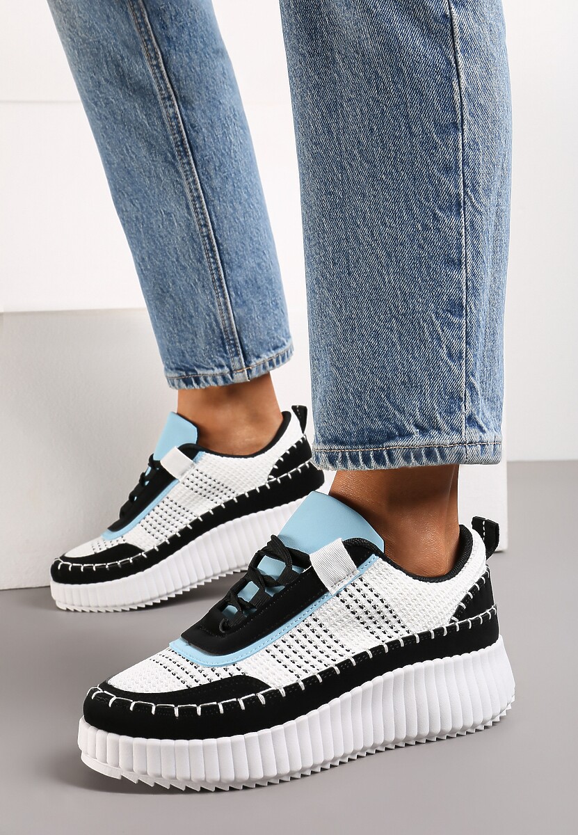 Czarne Sneakersy na Platformie Ozdobione Tweedowymi Wstawkami i Cyrkoniami Eganna