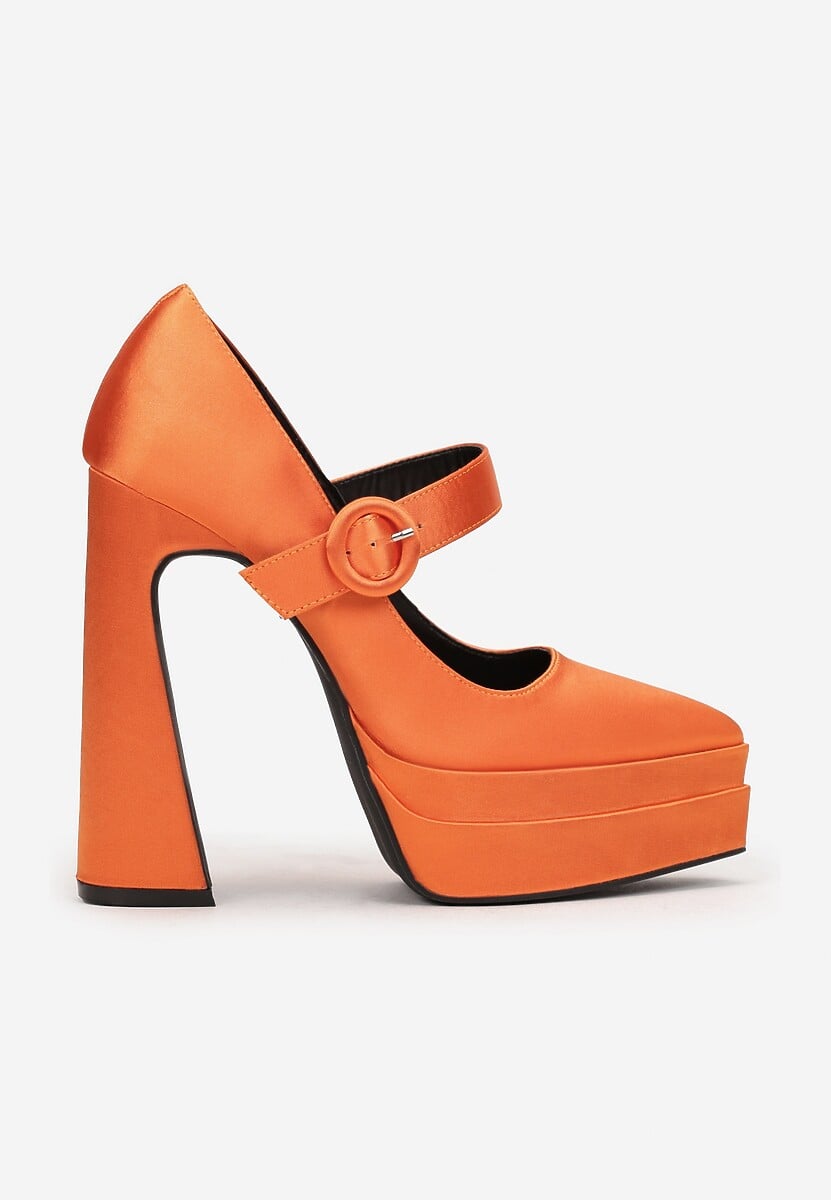 Pomarańczowe Czółenka Satynowe na Wysokim Słupku i Platformie Zoyi