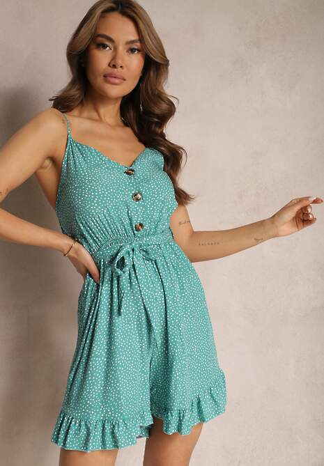 Zielony Kombinezon z Bawełny na Regulowanych Ramiączkach z Paskiem i Gumką w Talii Belladream