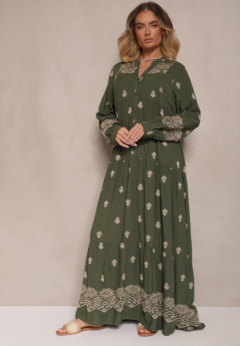 Niebieska Rozkloszowana Sukienka Ozdobiona Haftem i Wzorem Boho Ronavere