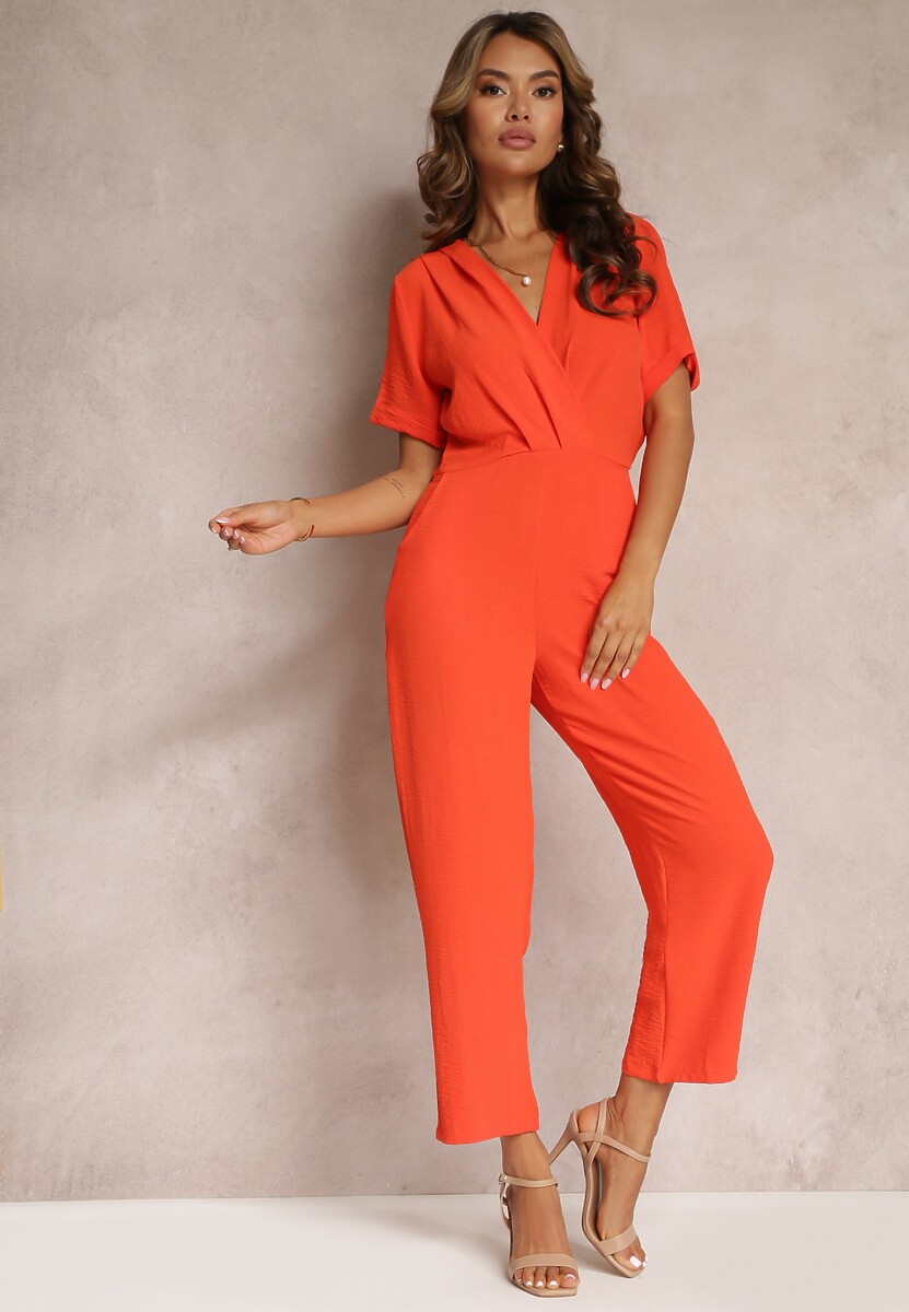 Pomarańczowy Kombinezon z Kopertowym Dekoltem i Krótkimi Rękawami z Wiskozą Coridsa