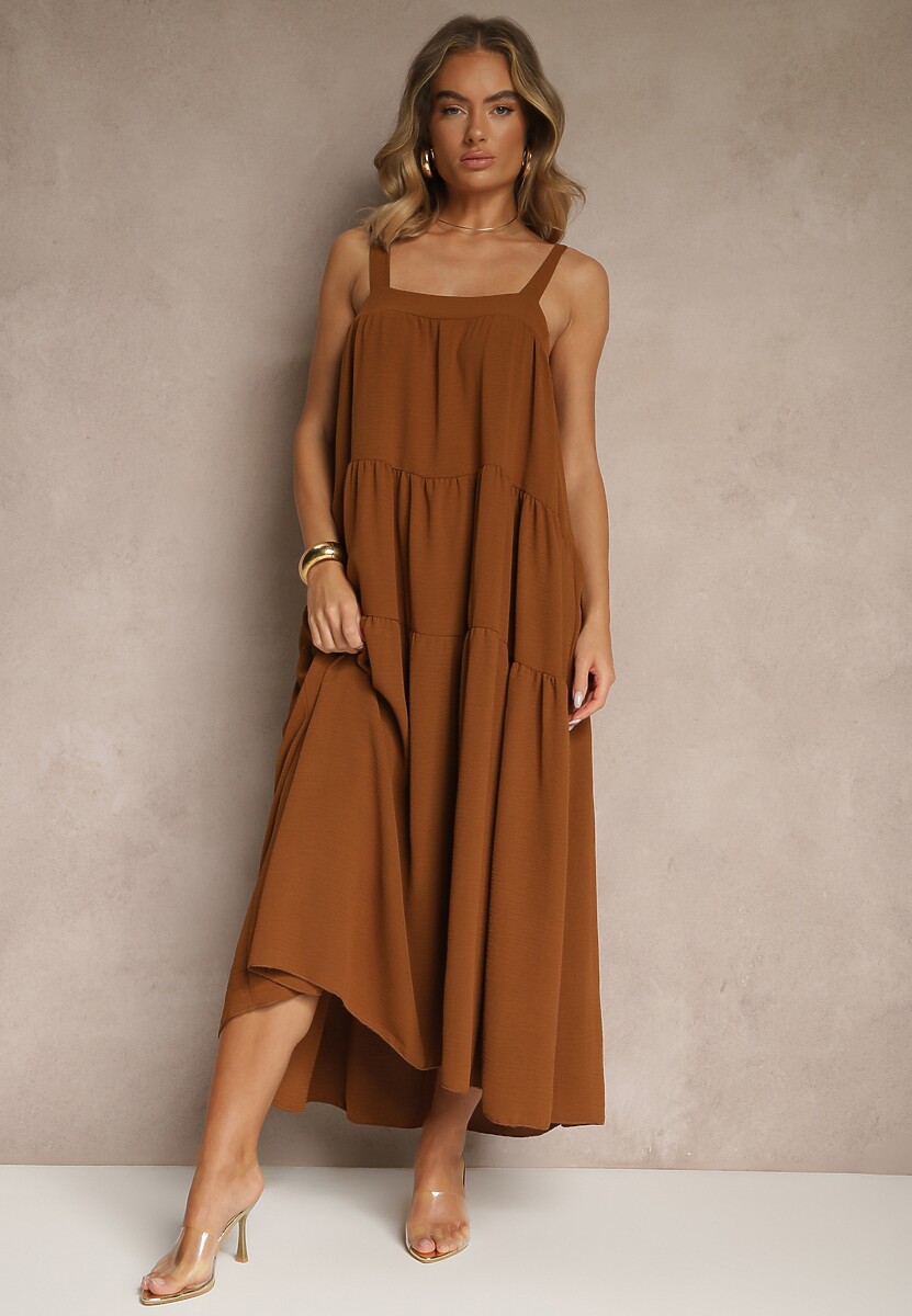 Brązowa Rozkloszowana Sukienka Ozdobiona Wiązaniem na Plecach Saviande