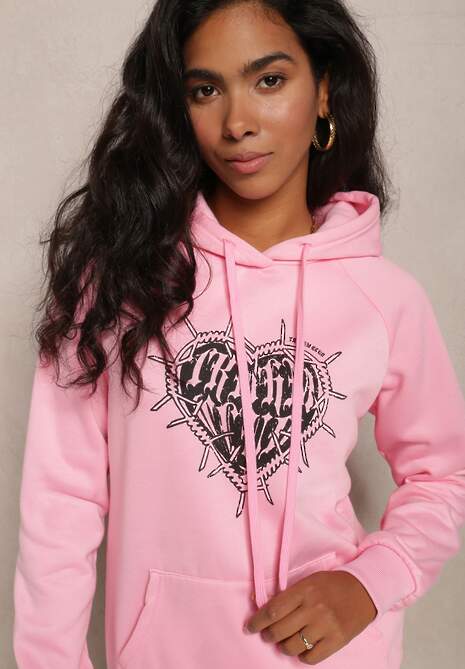 Różowa Klasyczna Bluza z Nadrukiem na Przodzie i Kapturem Inalle