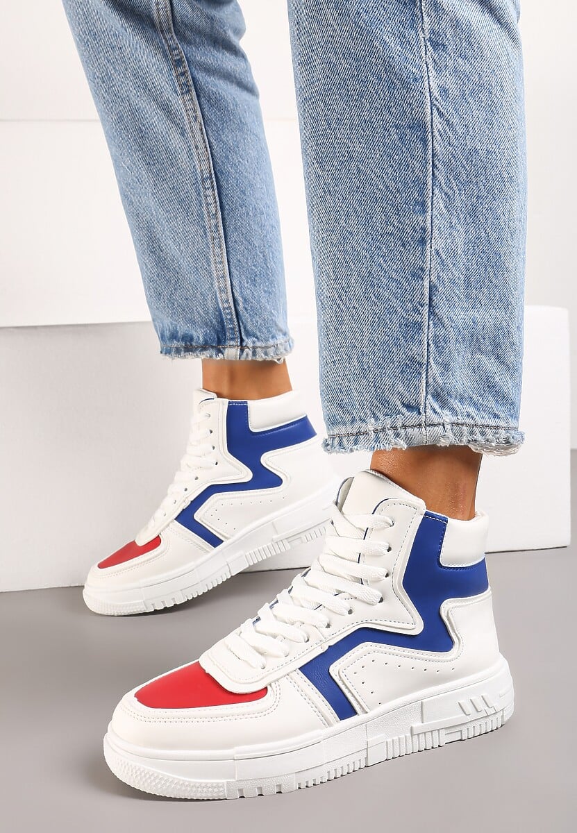 Biało-Niebieskie Sneakersy Sznurowane za Kostkę na Płaskiej Podeszwie Ascaride