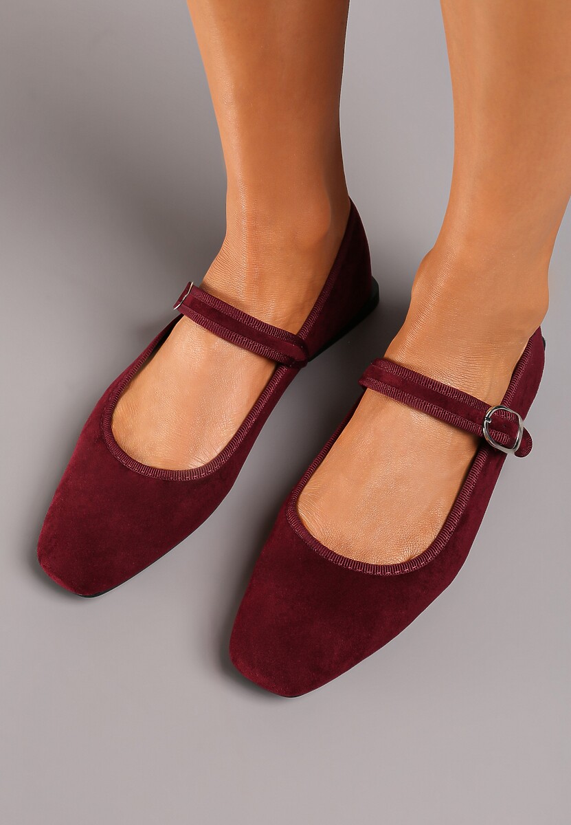 Bordowe Balerinki o Kwadratowym Nosku w Stylu Mary Jane z Paseczkiem Naiva