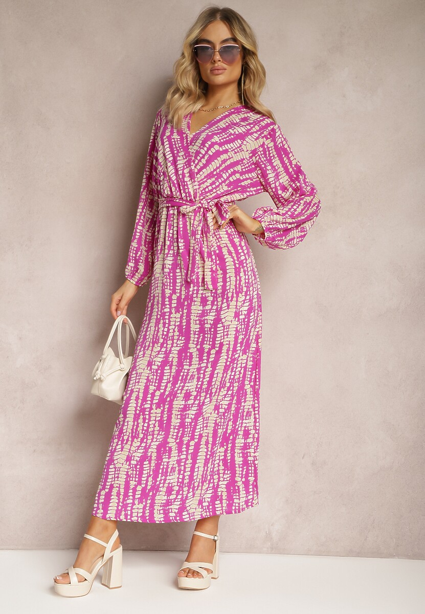 Fioletowa Długa Kopertowa Sukienka z Abstrakcyjnym Motywem i Paskiem w Talii Delphinna