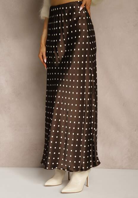 Brązowa Satynowa Spódnica z Wiskozy w Groszki o Rozkloszowanym Kroju Fediska