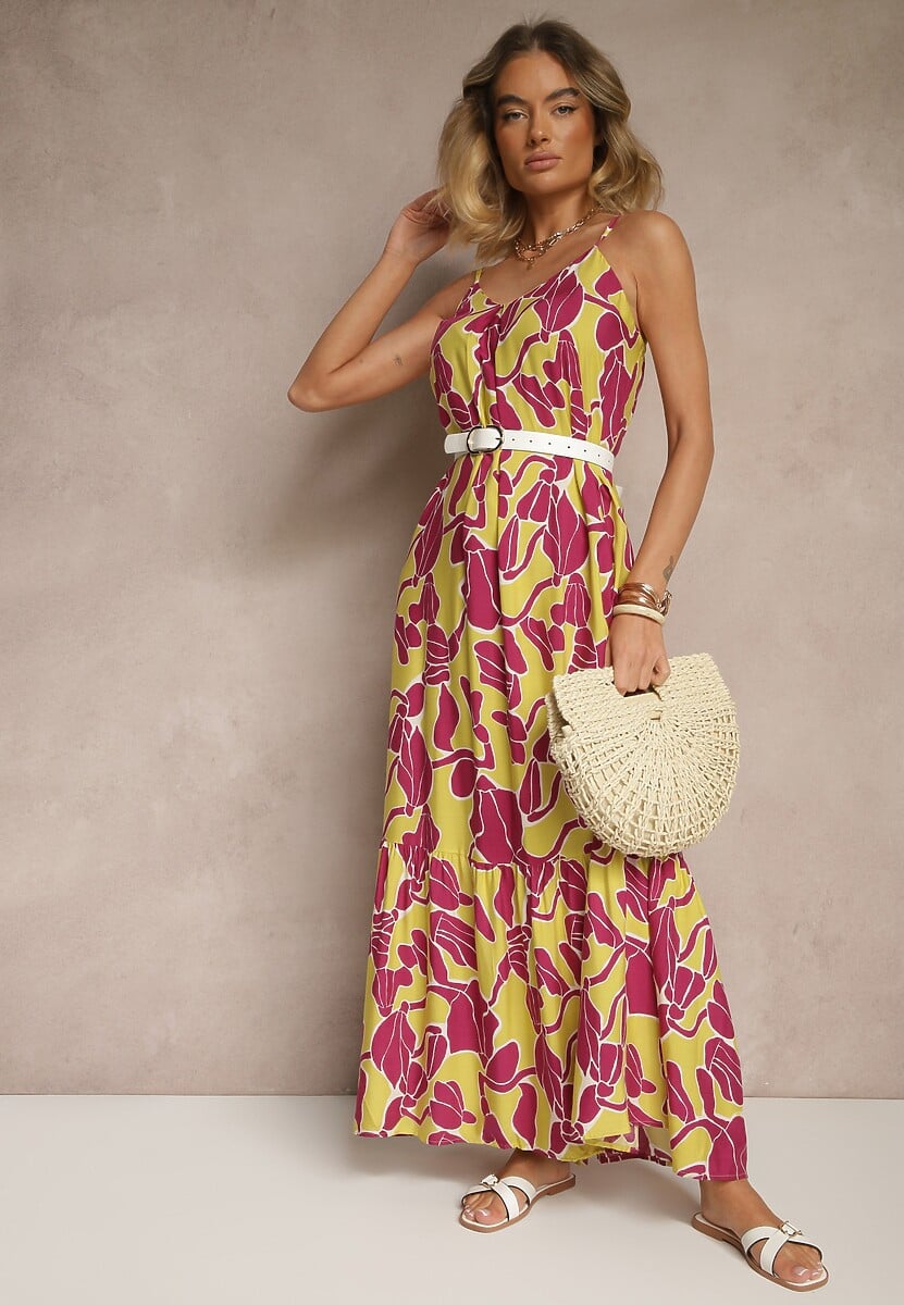 Jasnozielona Wiskozowa Sukienka o Rozkloszowanym Kroju na Cienkich Ramiączkach Sepalina