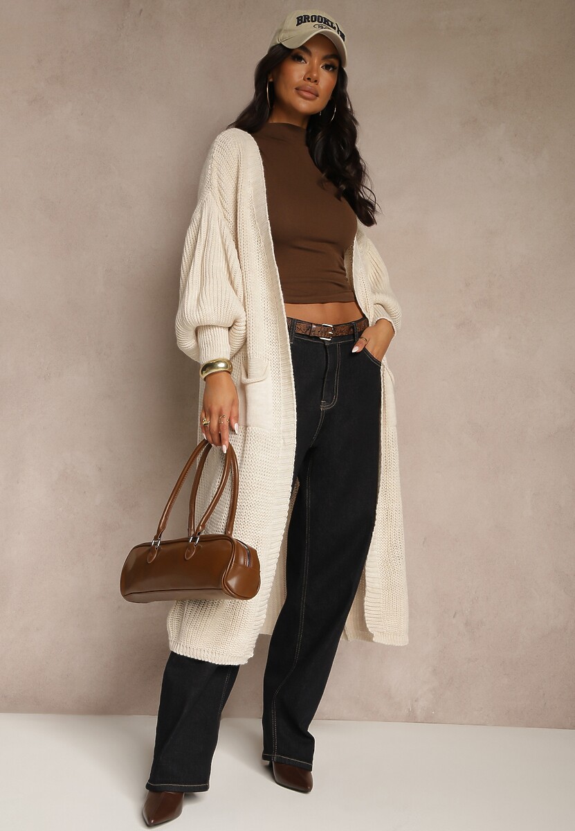 Szary Kardigan Długi z Bufiastym Rękawem Mesho