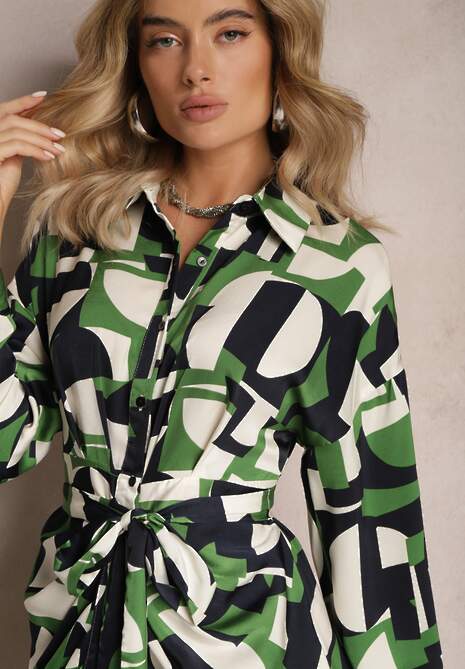 Zielona Koszulowa Sukienka Midi z Wiązanym Paskiem Elandrialia