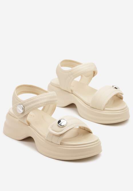 Beżowe Sportowe Sandały z Metalicznym Zdobieniem Zapinane na Rzep Maita