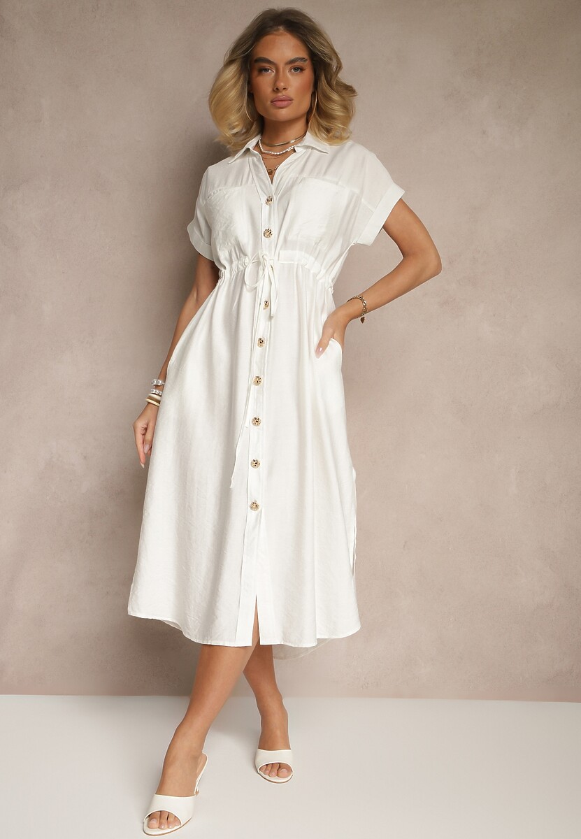 Beżowa Wiskozowa Sukienka Koszulowa z Guzikami i Wiązaniem w Talii Velazia