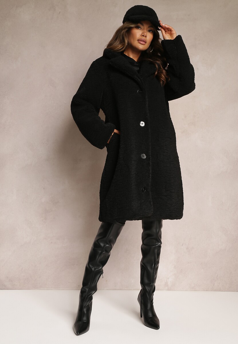 Czarny Płaszcz Oversize z Pluszowego Futerka z Czapką Jillo