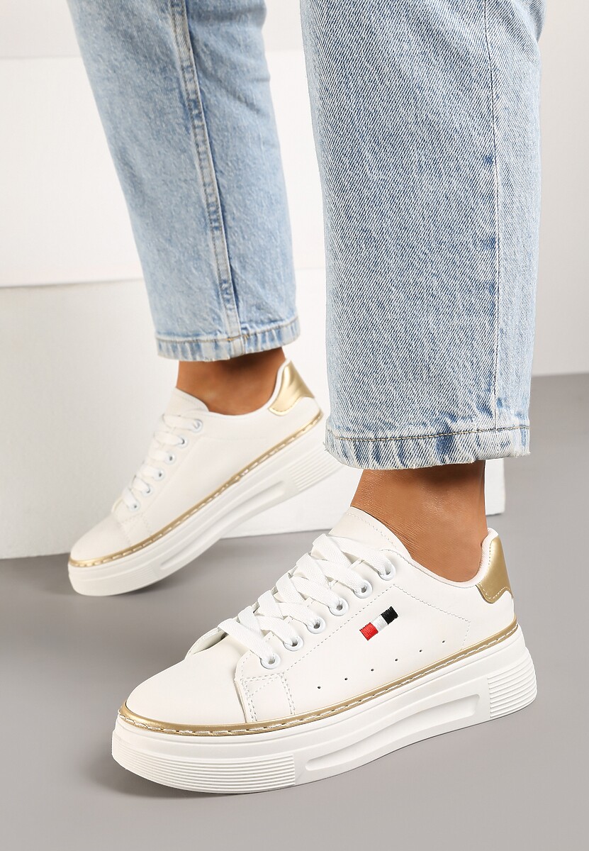 Biało-Beżowe Sznurowane Sneakersy na Płaskiej Podeszwie z Lamówką Fedat