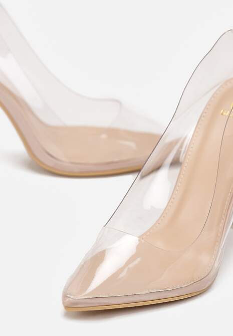 Beżowe Szpilki na Metalicznym Obcasie z Transparentną Cholewką Rhatah