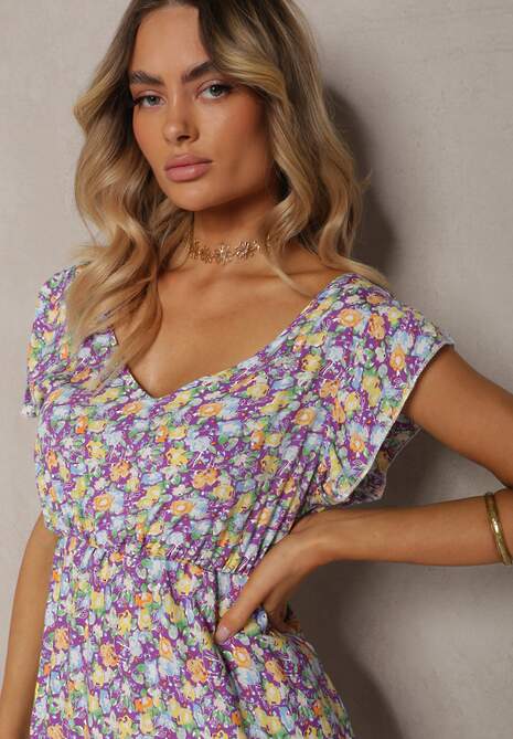 Fioletowo-Zielona  Sukienka z Bawełny z Gumką w Talii i Dekoltem w Serek Delletta