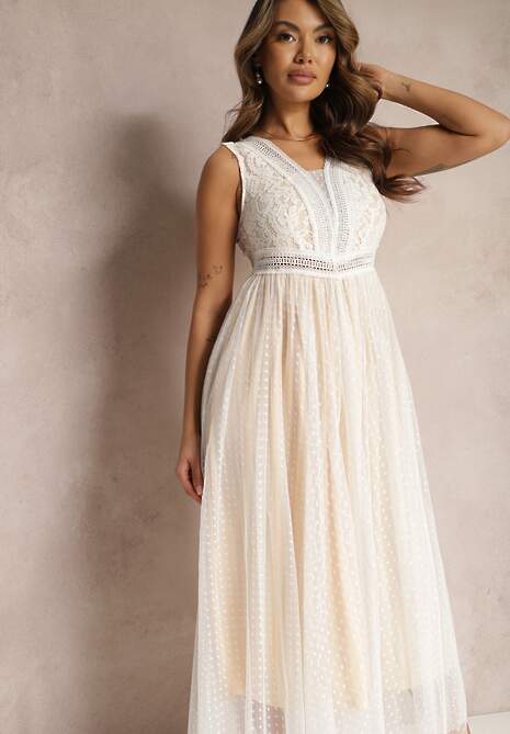 Biała Maxi Sukienka o Rozkloszowanym Kroju z Koronką i Tiulem Herdolia