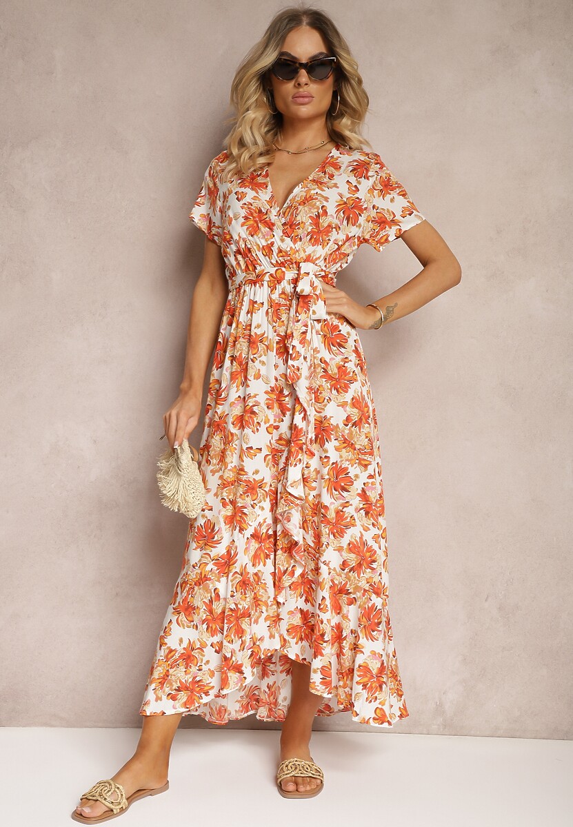 Pomarańczowa Rozkloszowana Sukienka z Wiskozy z Gumką w Pasie i Materiałowym Paskiem Vikllia