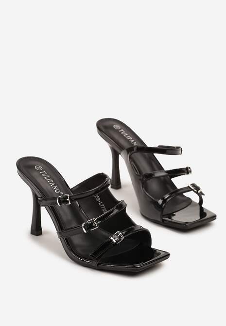 Czarne Lakierowane Klapki na Szpilce Ozdobione Klamrami Banelea