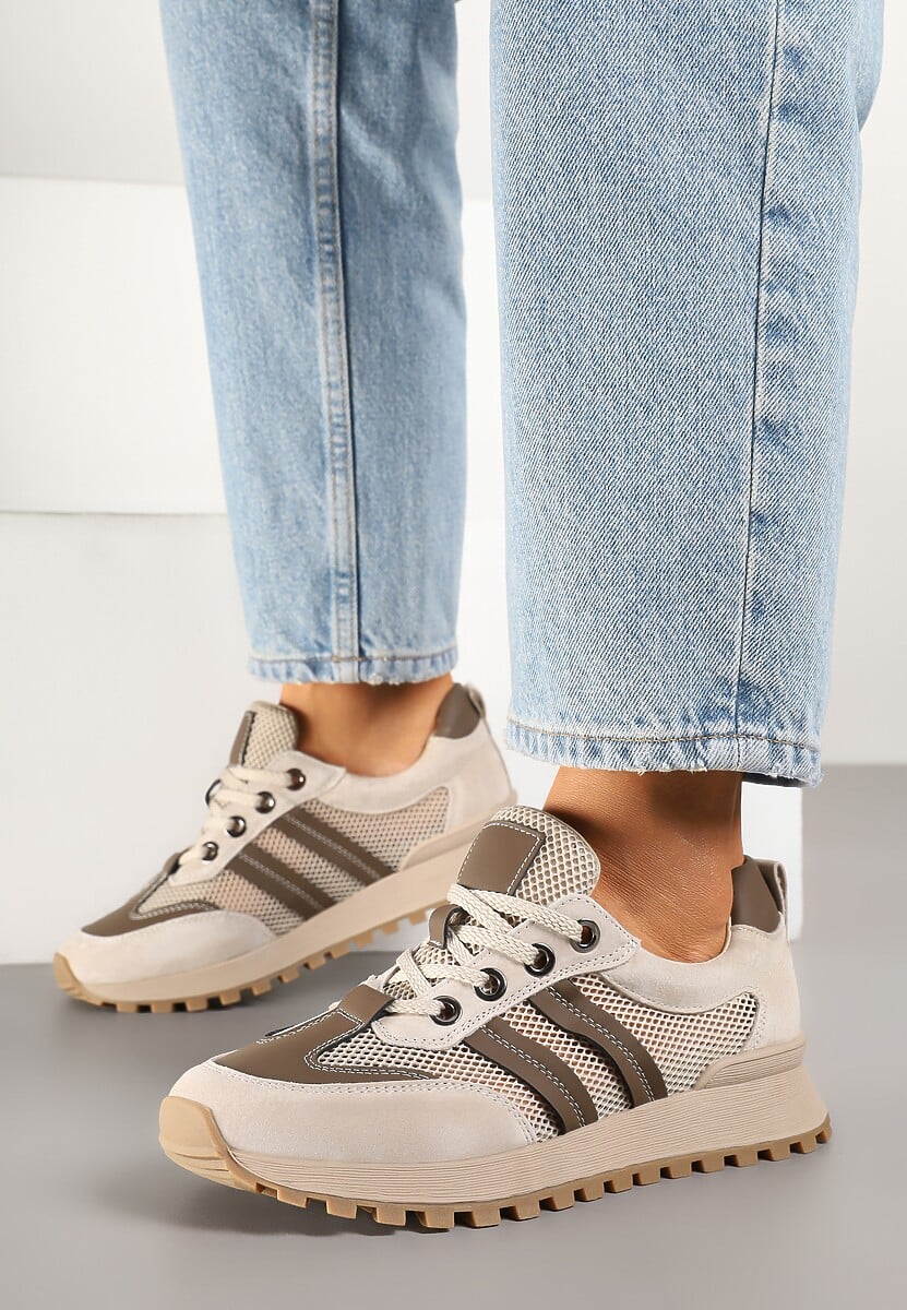 Beżowo-Brązowe Sneakersy z Wkładką ze Skóry Naturalnej w Paski Lenirna