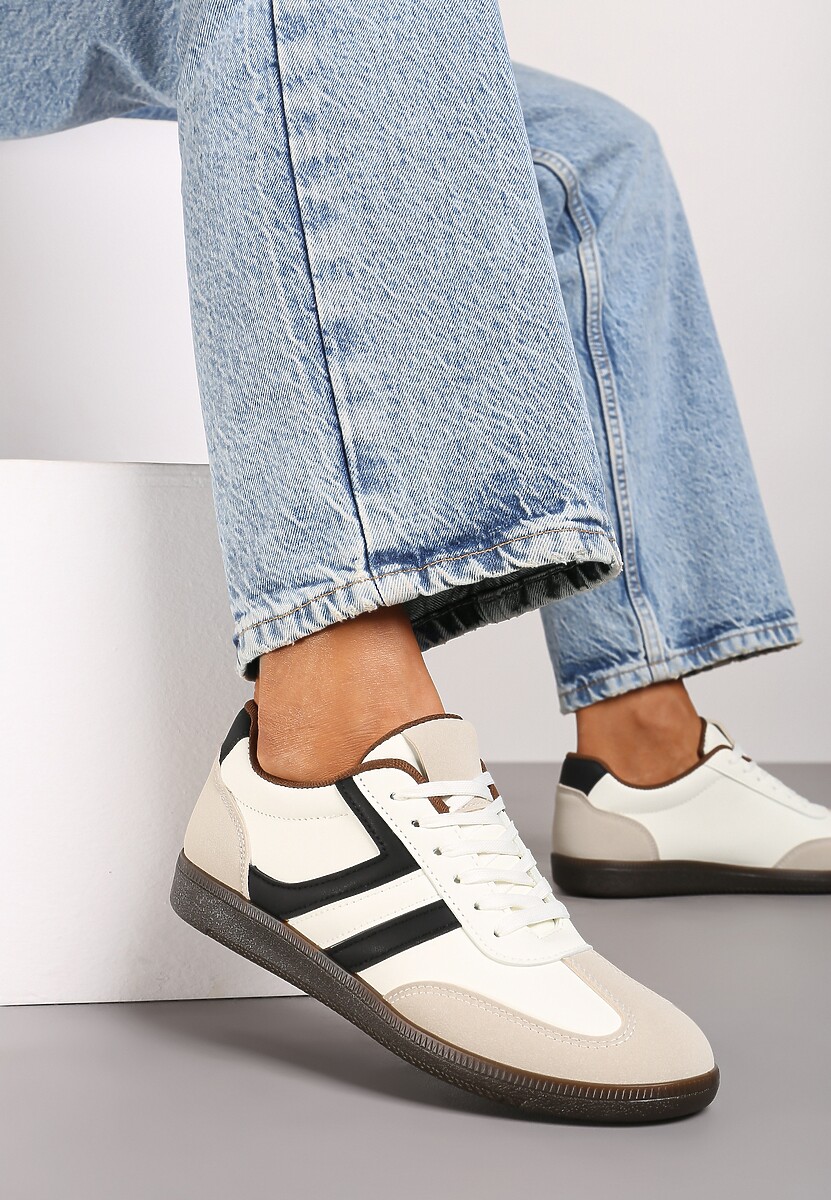 Beżowe Casualowe Sneakersy z Geometrycznymi Wzorami i Kontrastowymi Przeszyciami Riandrea