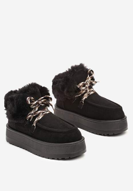 Czarne Futerkowe Śniegowce na Platformie ze Sznurowaniem Rienne